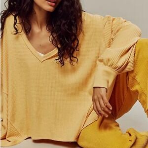 Free People We The Free Coraline Thermal Oversized Waffle Knit Top Yellow Size M